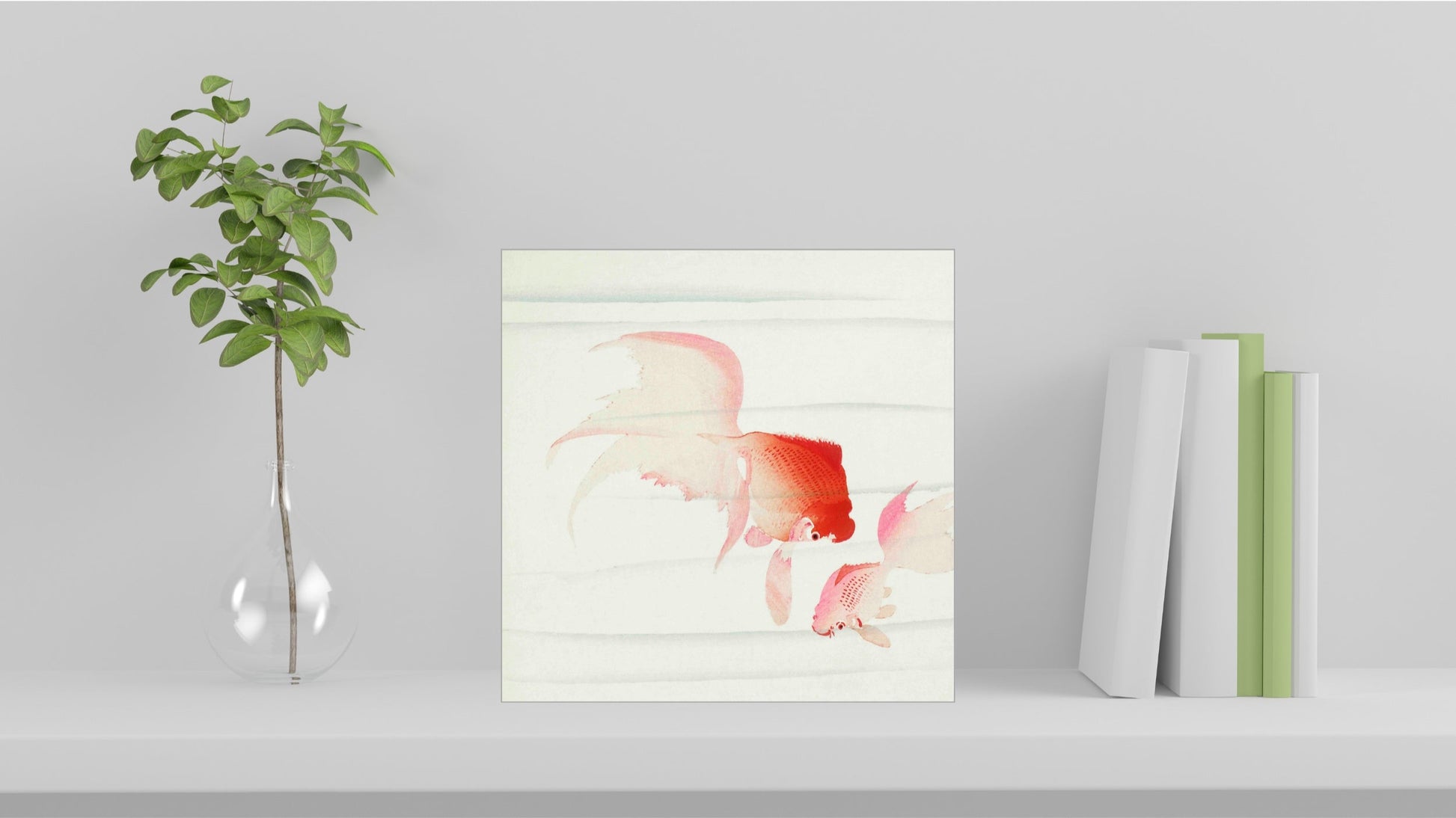 A visualisation of the Ohara Koson Japanese art tile, originally a woodblock print, featuring 'Goldfish' used as home decor.
