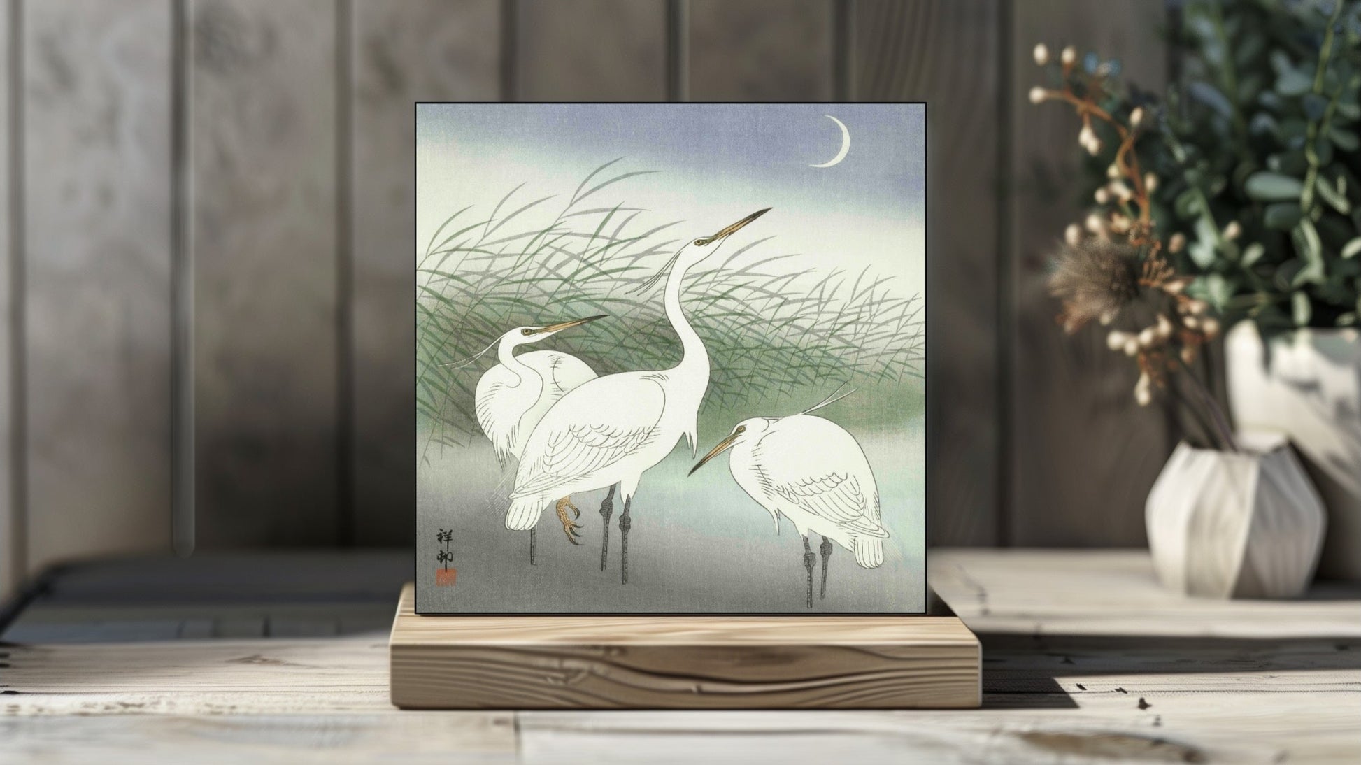 Ohara Koson's Ukiyo-e style 'Herons in Shallow Water' Japanese art on a decorative ceramic tile (digital representation).