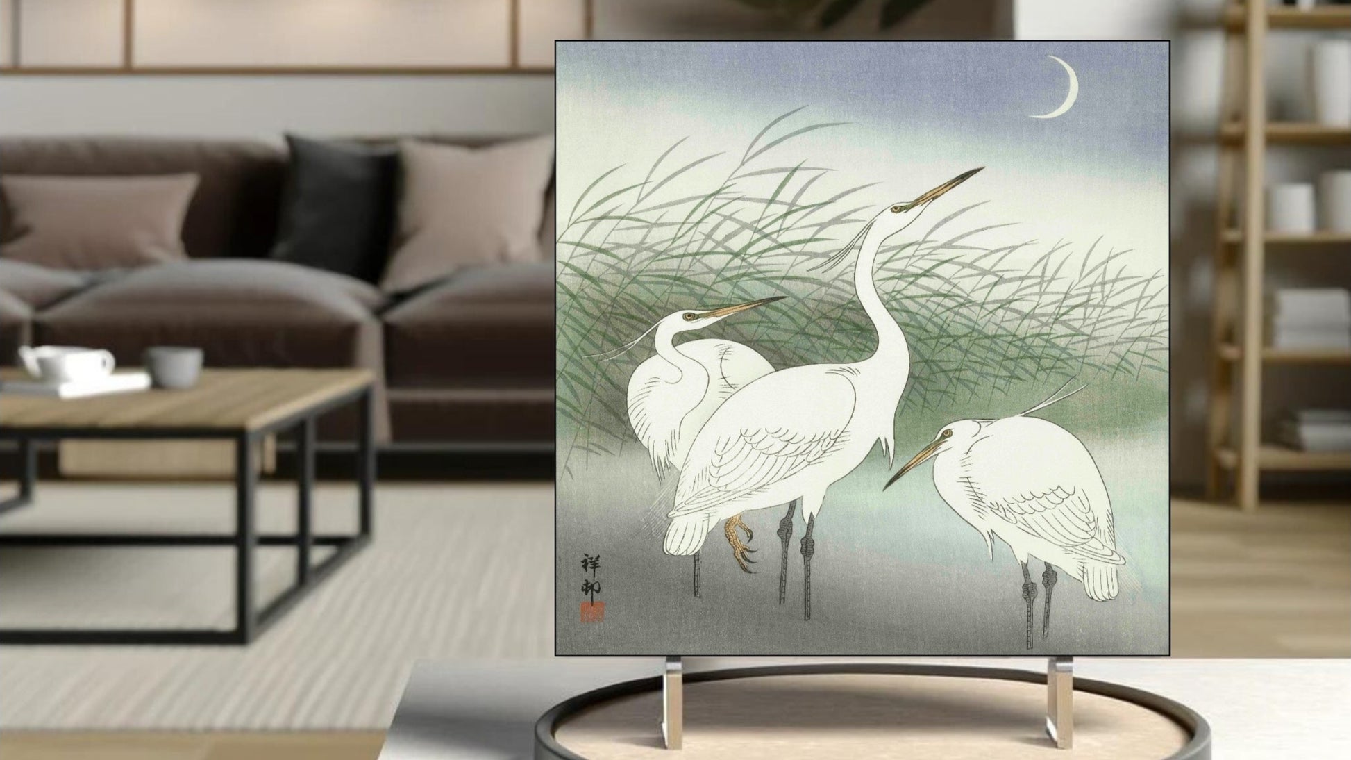The 'Herons in Shallow Water' Ukiyo-e art tile presented on a display stand as a piece of freestanding home decor.