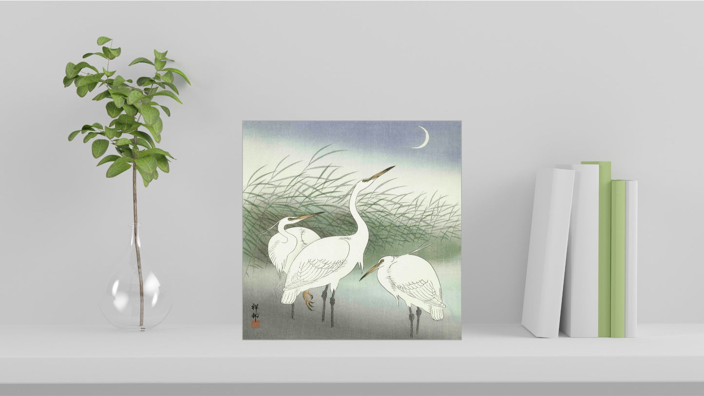 A visualisation of the Ohara Koson Japanese art tile, originally a woodblock print, featuring 'Herons in Shallow Water' used as home decor.