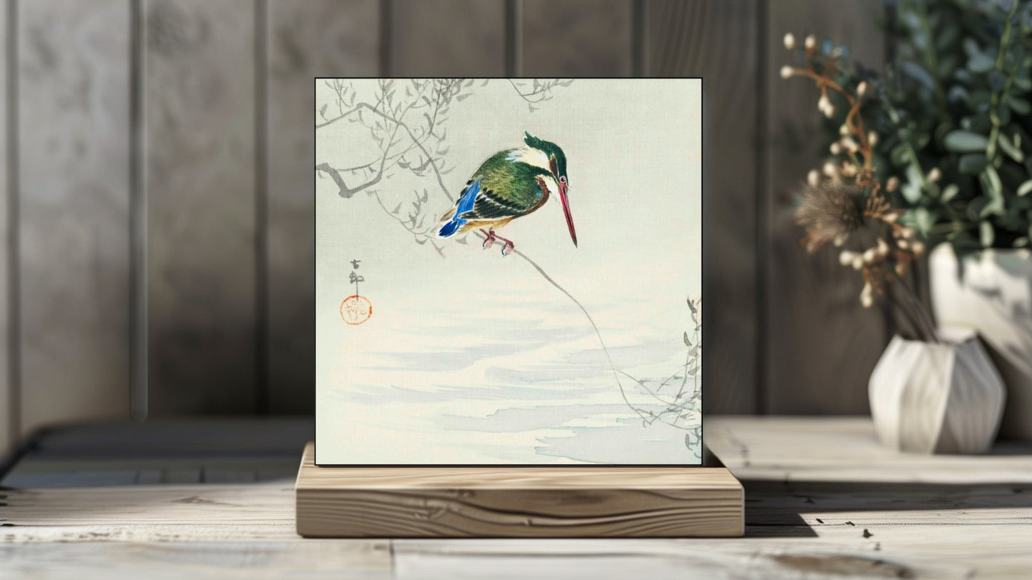 Ohara Koson's Ukiyo-e style 'Kingfisher' Japanese art on a decorative ceramic tile (digital representation).
