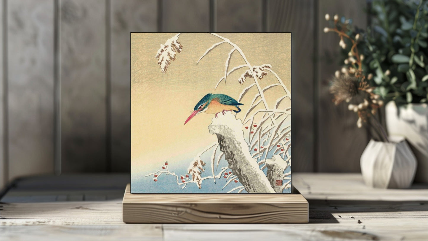 Ohara Koson's Ukiyo-e style 'Kingfisher in the Snow' Japanese art on a decorative ceramic tile (digital representation).