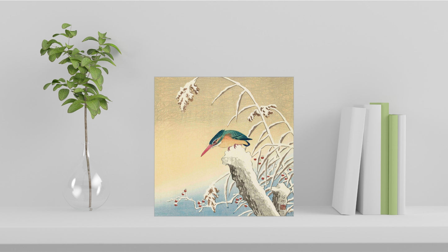 A visualisation of the Ohara Koson Japanese art tile, originally a woodblock print, featuring 'Kingfisher in the Snow' used as home decor.