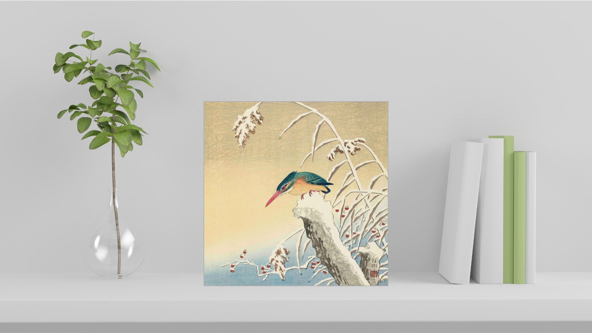 A visualisation of the Ohara Koson Japanese art tile, originally a woodblock print, featuring 'Kingfisher in the Snow' used as home decor.