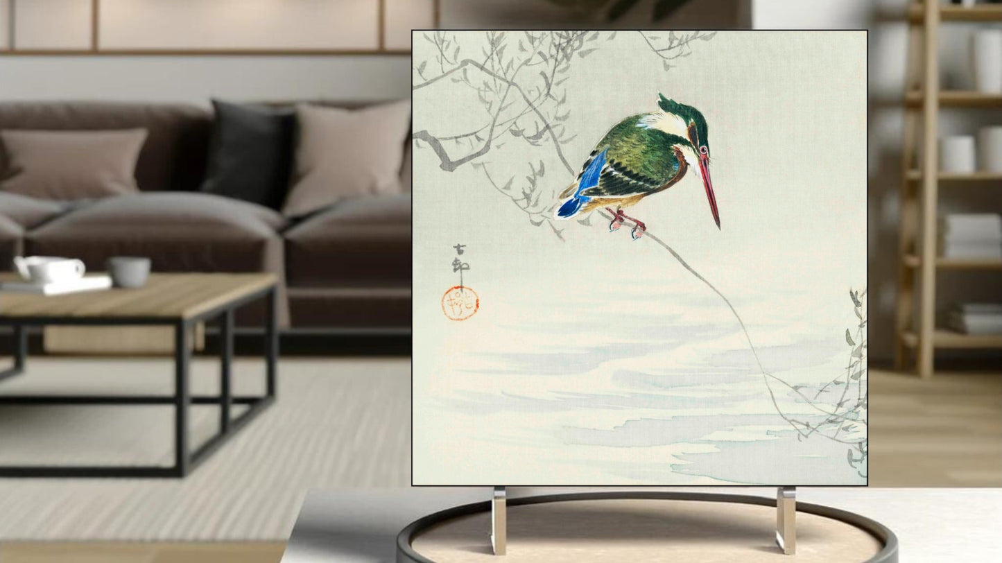 The 'Kingfisher' Ukiyo-e art tile presented on a display stand as a piece of freestanding home decor.