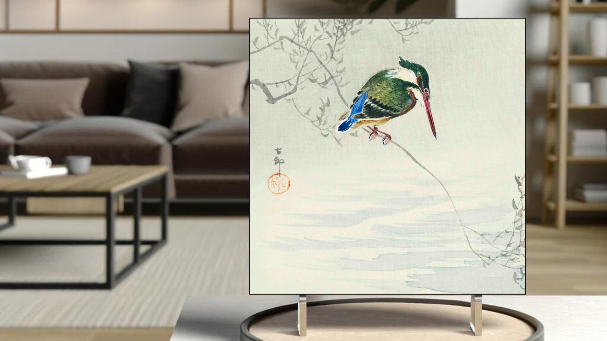 The 'Kingfisher' Ukiyo-e art tile presented on a display stand as a piece of freestanding home decor.