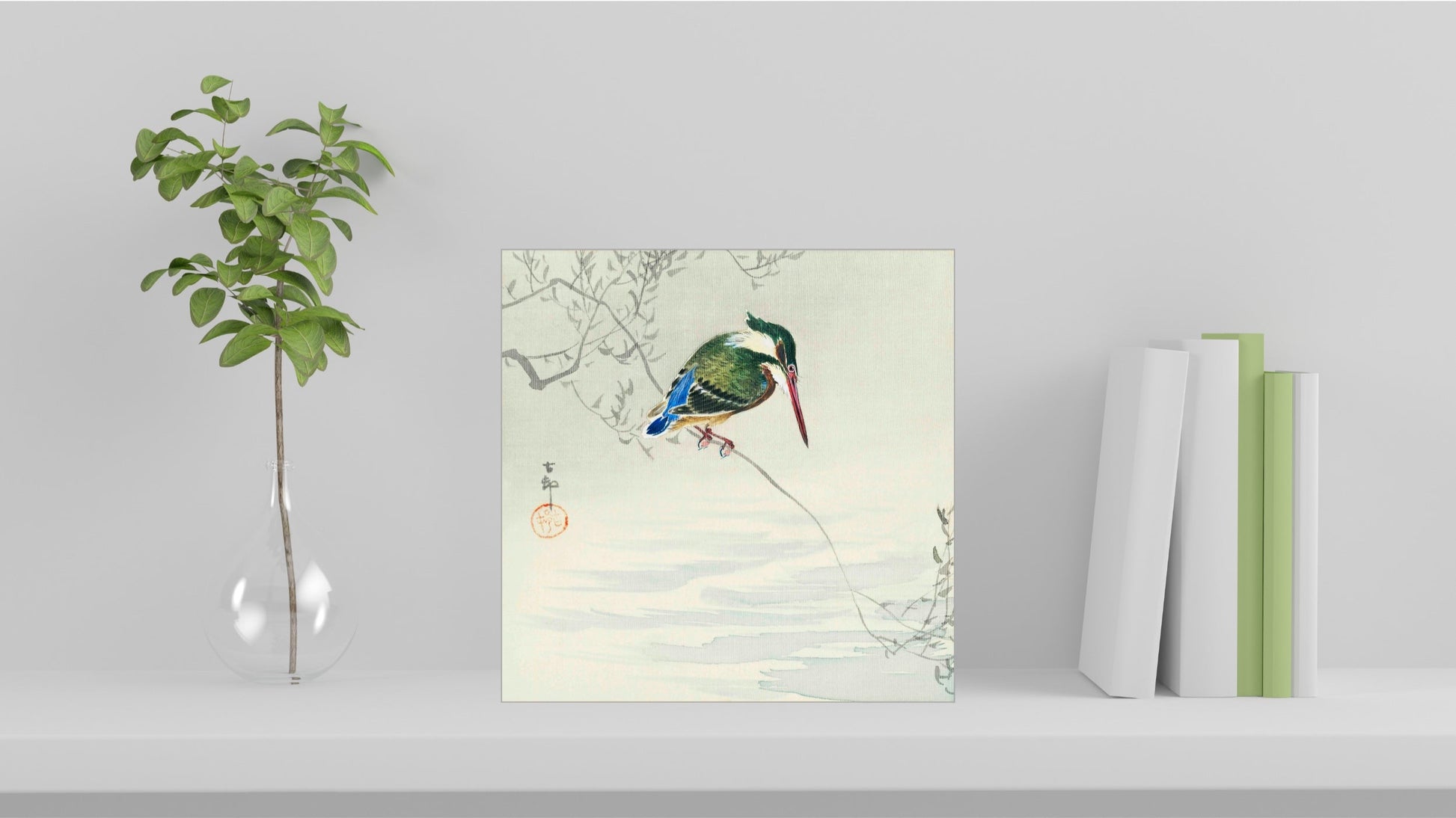 A visualisation of the Ohara Koson Japanese art tile, originally a woodblock print, featuring 'Kingfisher' used as home decor.
