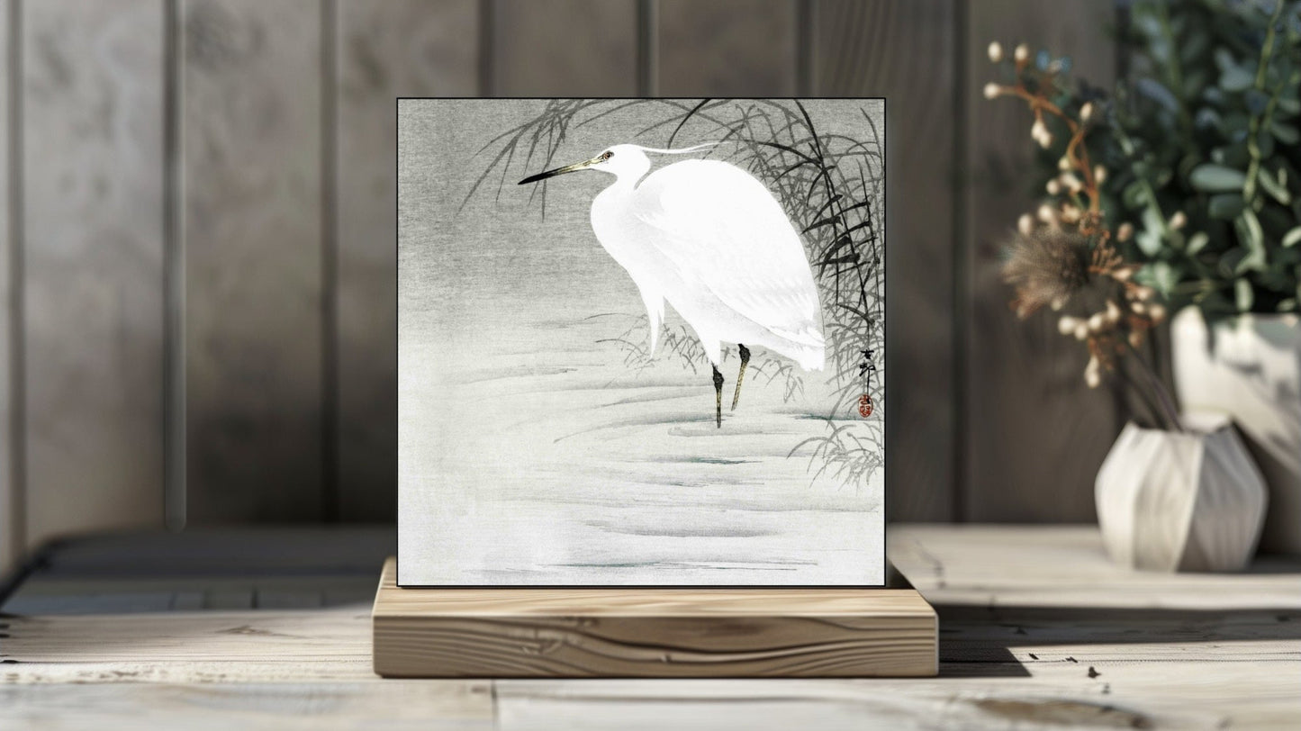 Ohara Koson's Ukiyo-e style 'Little Egret' Japanese art on a decorative ceramic tile (digital representation).