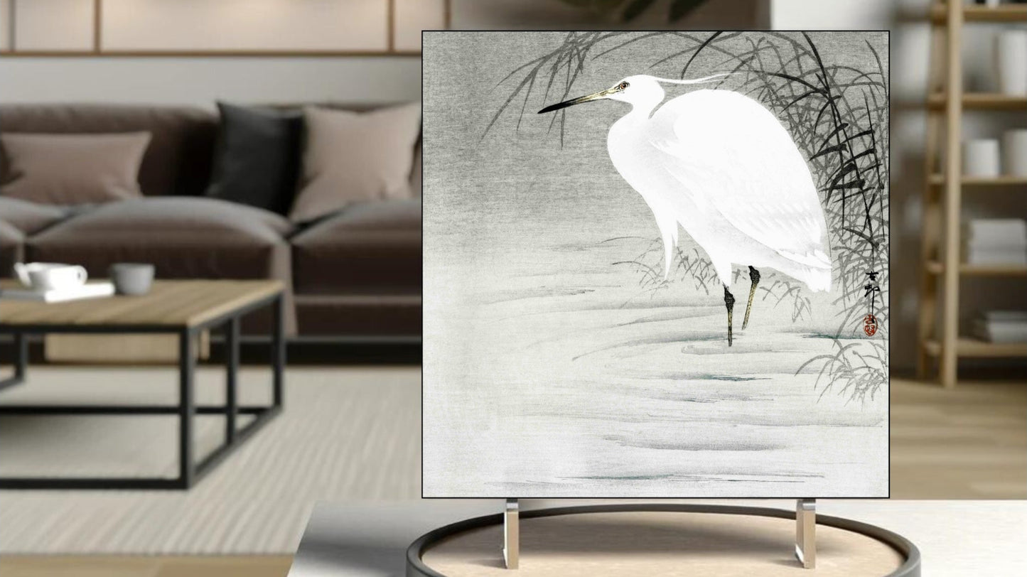 The 'Little Egret' Ukiyo-e art tile presented on a display stand as a piece of freestanding home decor.