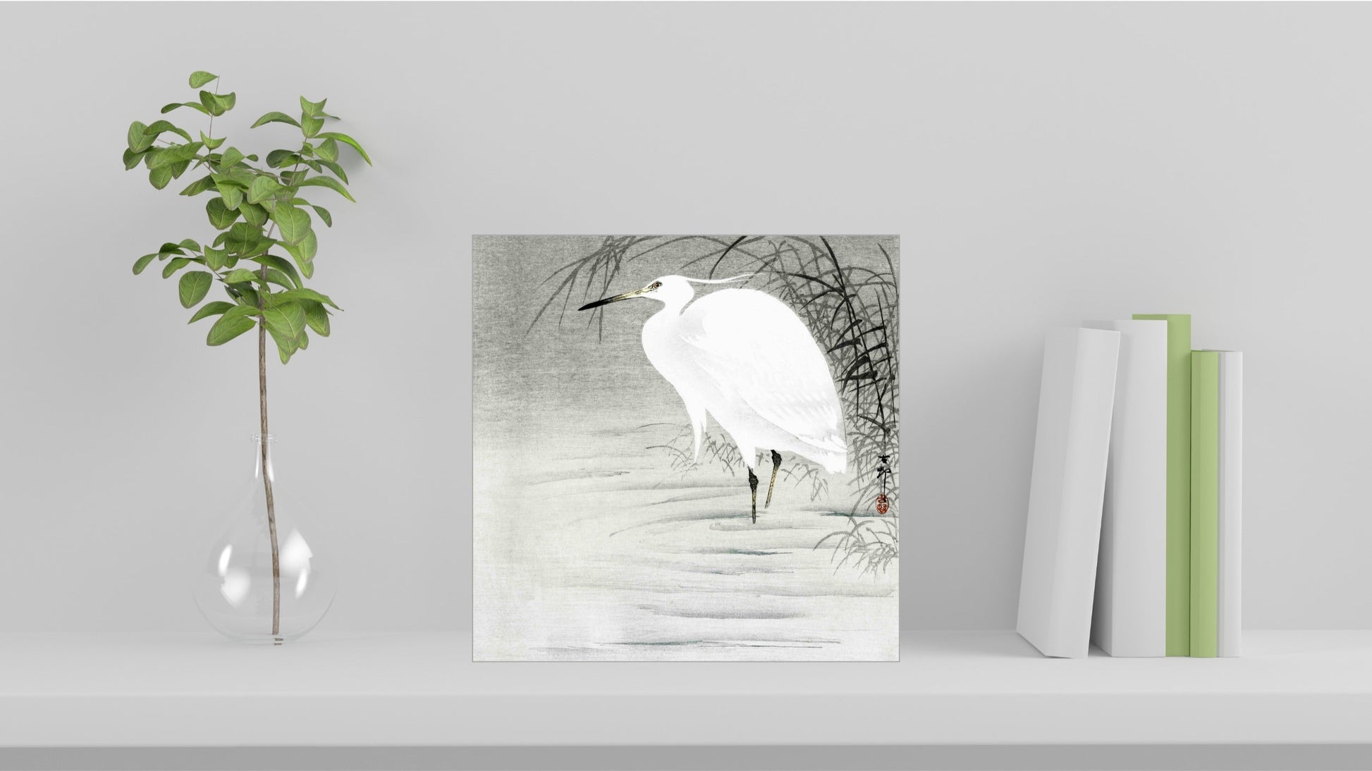 A visualisation of the Ohara Koson Japanese art tile, originally a woodblock print, featuring 'Little Egret' used as home decor.