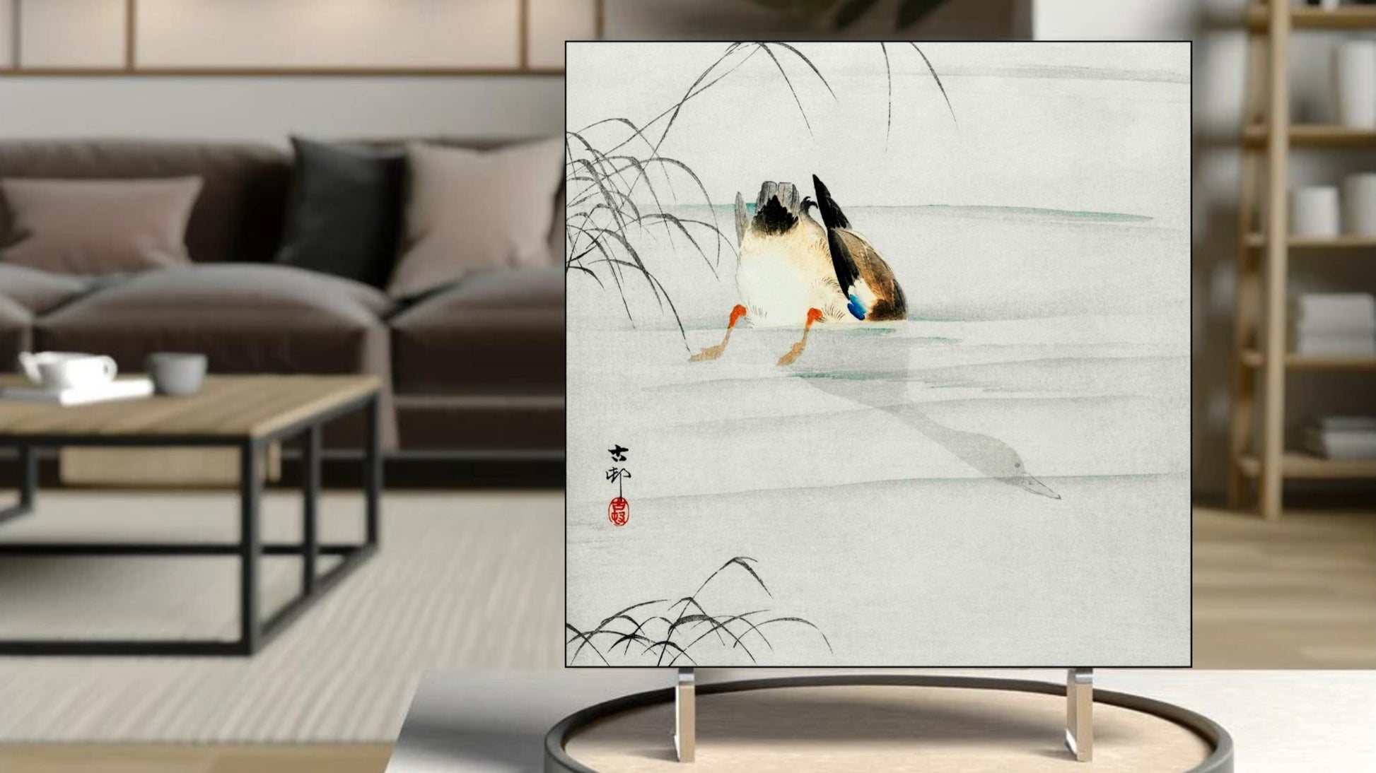 The 'Mallard, Head Under Water' Ukiyo-e art tile presented on a display stand as a piece of freestanding home decor.