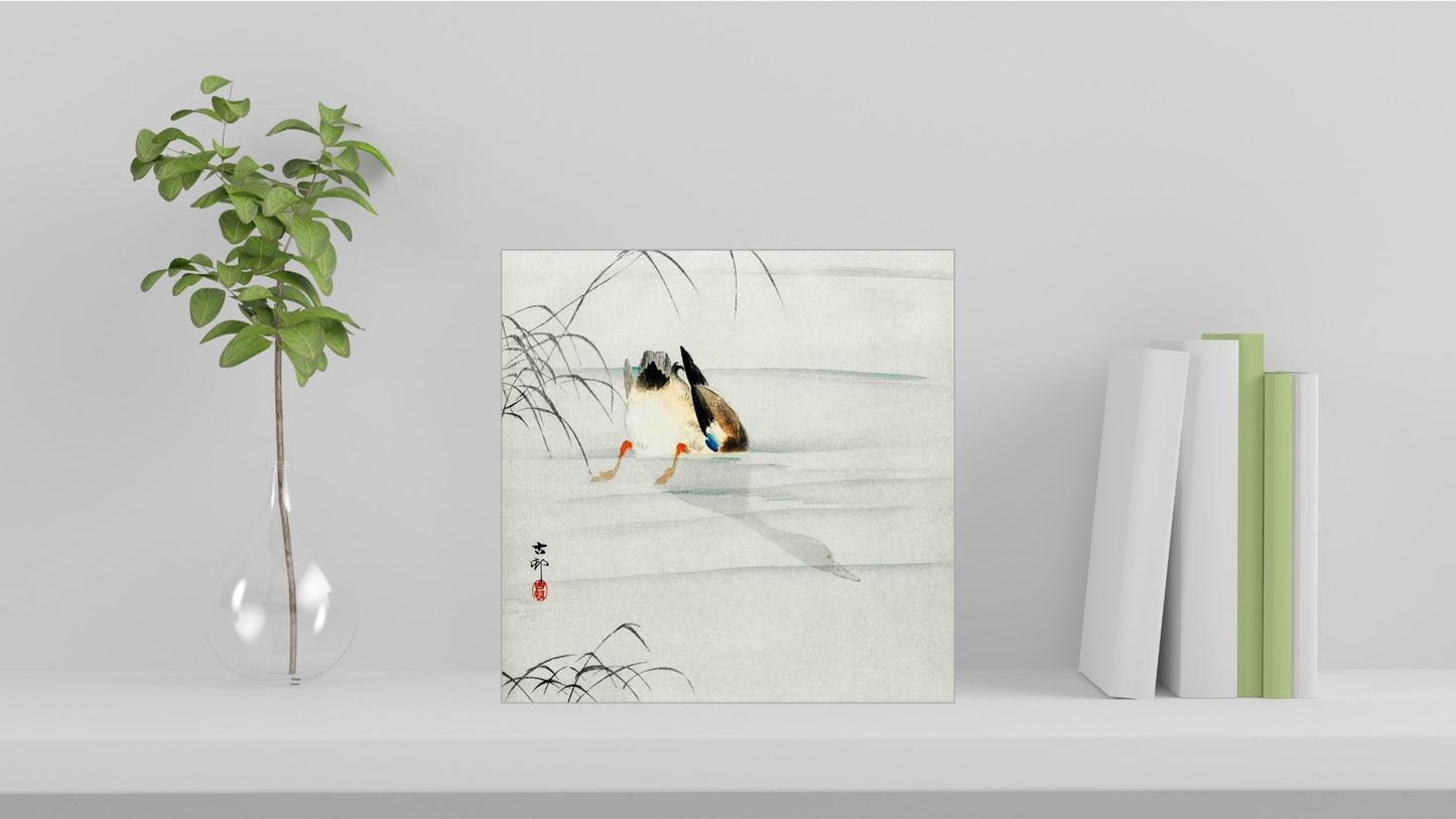 A visualisation of the Ohara Koson Japanese art tile, originally a woodblock print, featuring 'Mallard, Head Under Water' used as home decor.