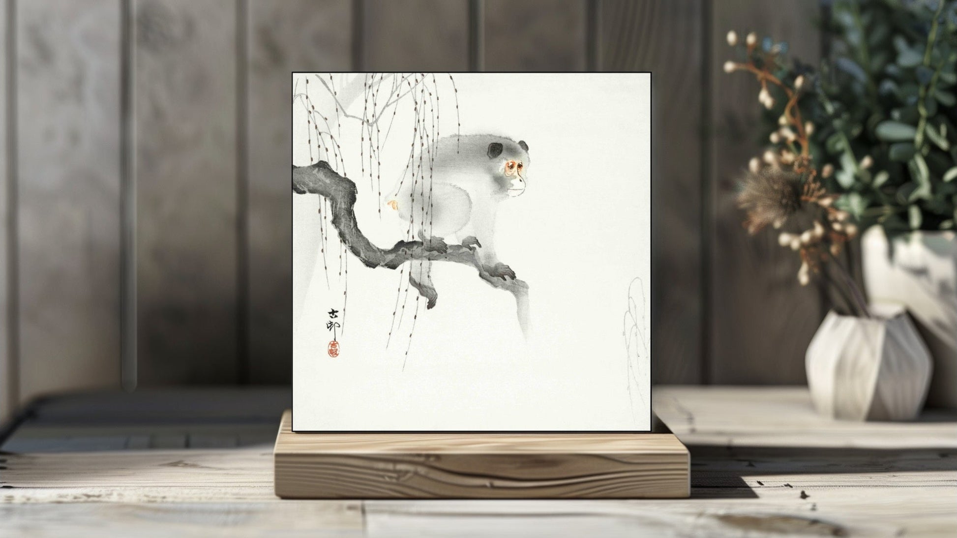 Ohara Koson's Ukiyo-e style 'Monkey on a Tree Branch' Japanese art on a decorative ceramic tile (digital representation).