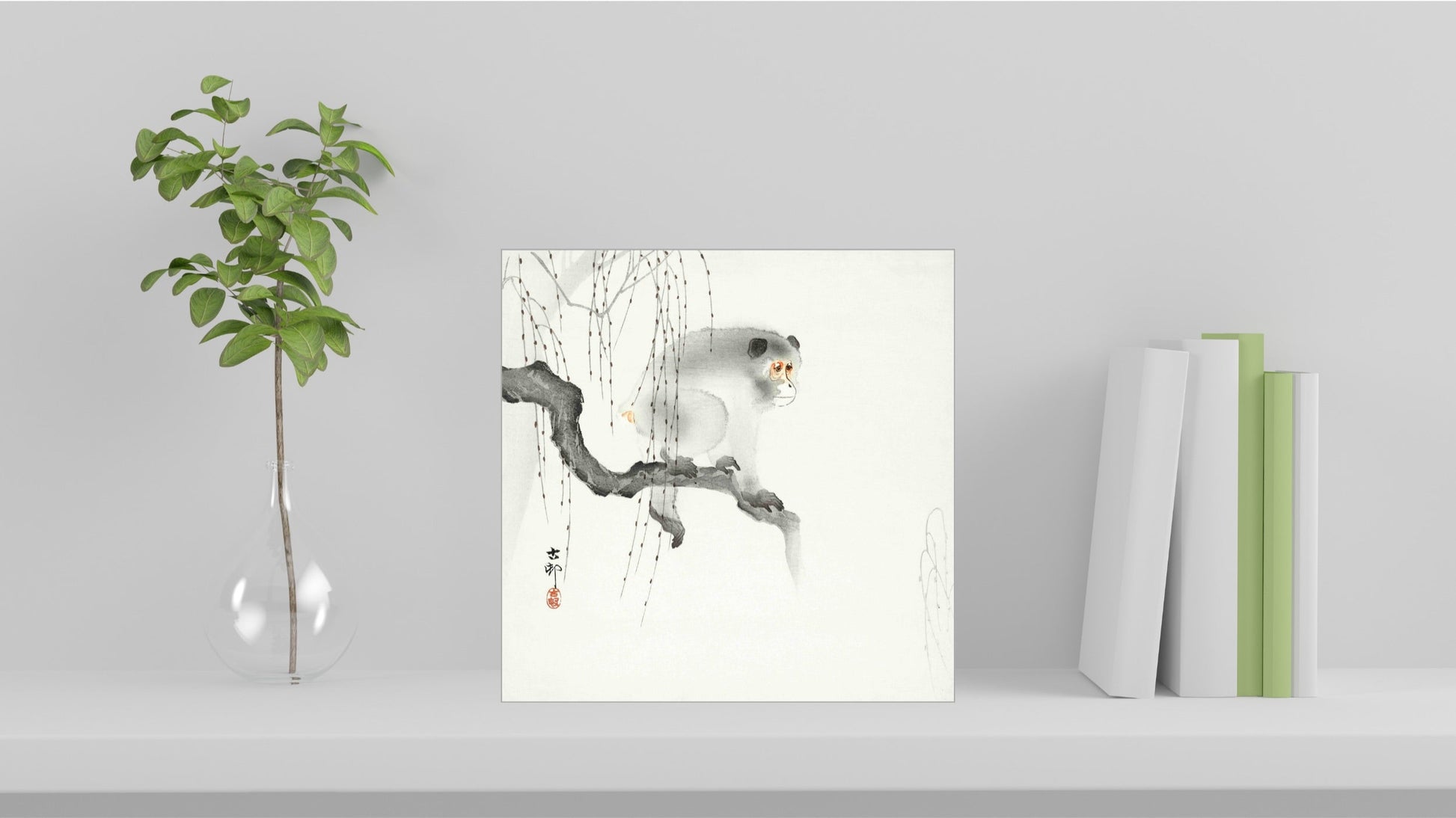 A visualisation of the Ohara Koson Japanese art tile, originally a woodblock print, featuring 'Monkey on a Tree Branch' used as home decor.