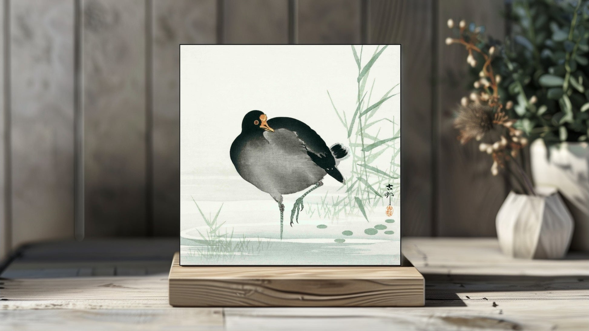 Ohara Koson's Ukiyo-e style 'Moorhen' Japanese art on a decorative ceramic tile (digital representation).