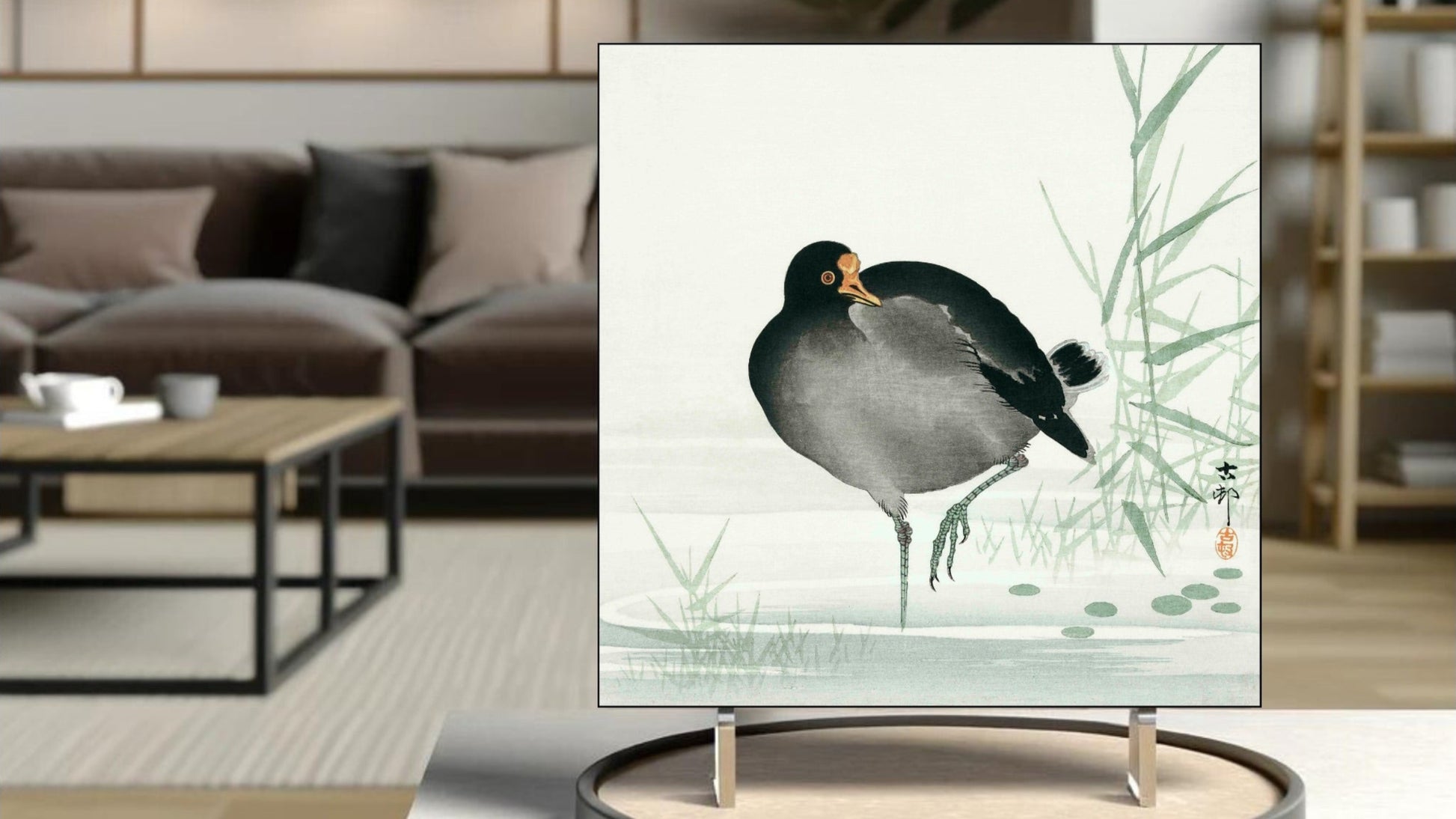 The 'Moorhen' Ukiyo-e art tile presented on a display stand as a piece of freestanding home decor.