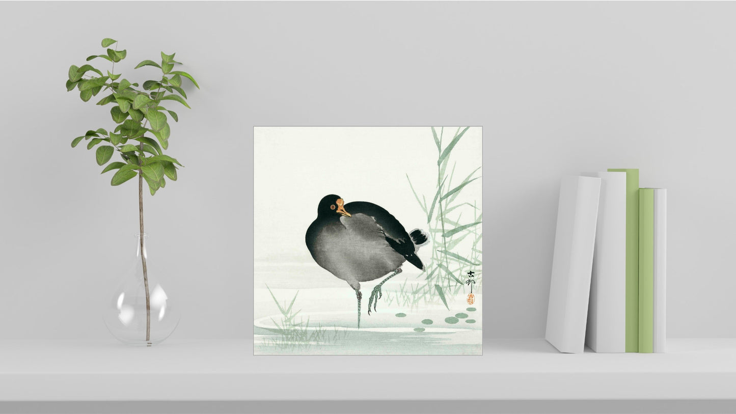 A visualisation of the Ohara Koson Japanese art tile, originally a woodblock print, featuring 'Moorhen' used as home decor.