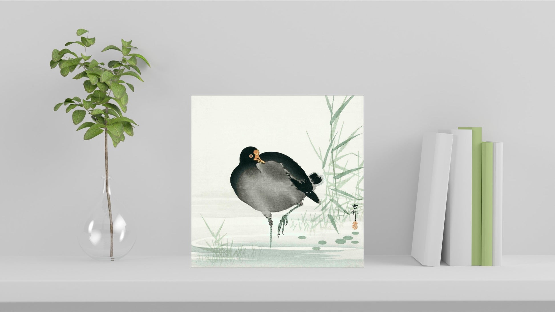 A visualisation of the Ohara Koson Japanese art tile, originally a woodblock print, featuring 'Moorhen' used as home decor.