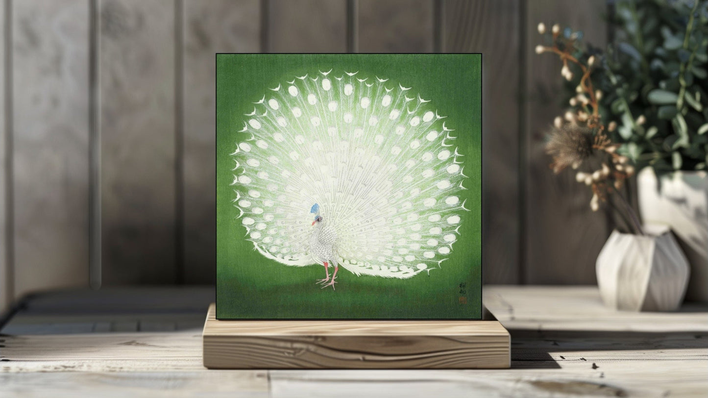 Ohara Koson's Ukiyo-e style 'Peacock' Japanese art on a decorative ceramic tile (digital representation).