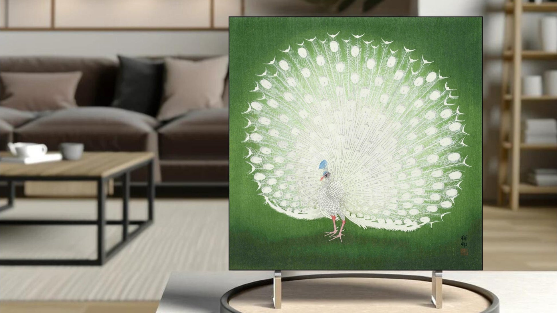 The 'Peacock' Ukiyo-e art tile presented on a display stand as a piece of freestanding home decor.