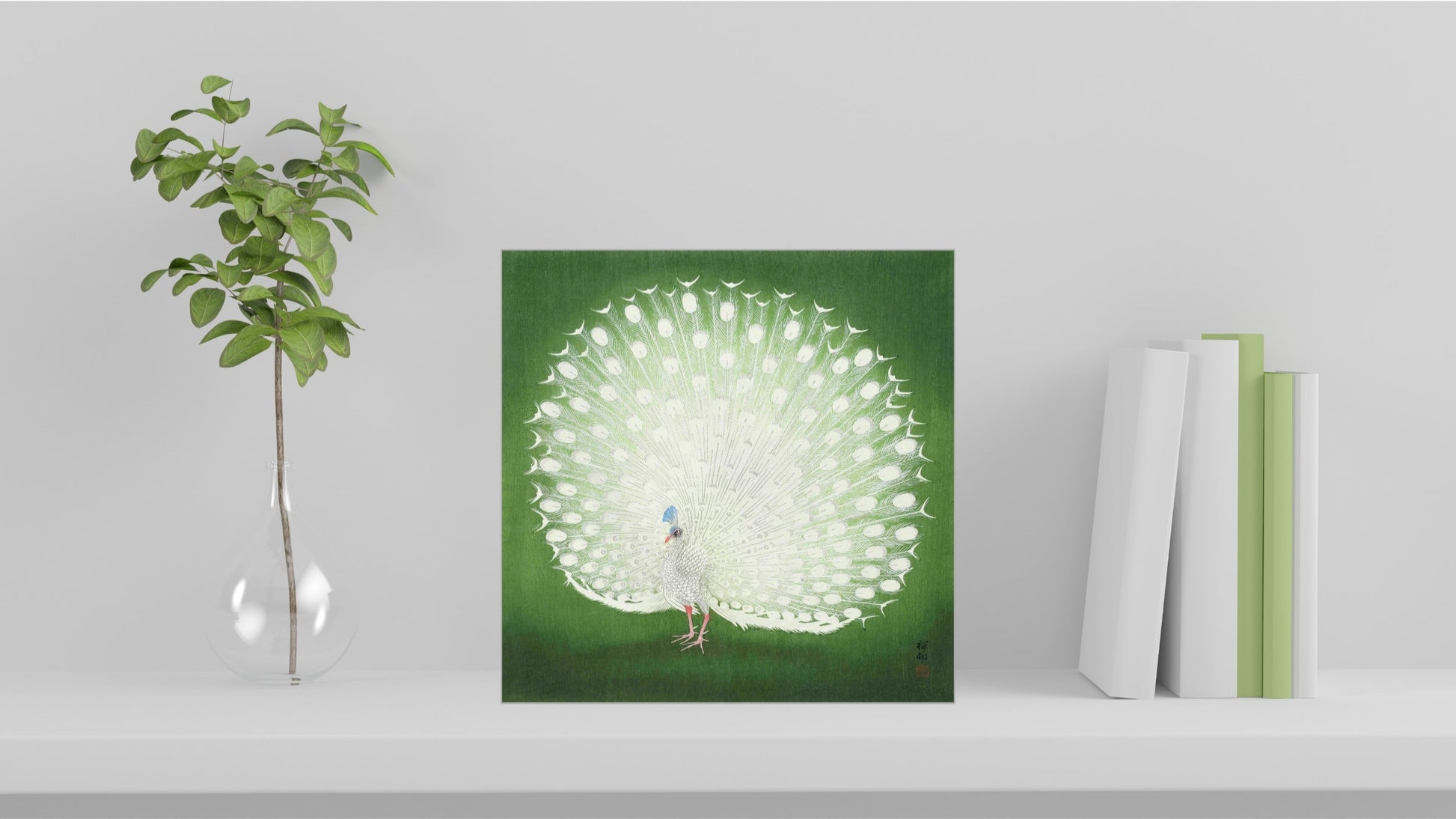 A visualisation of the Ohara Koson Japanese art tile, originally a woodblock print, featuring 'Peacock' used as home decor.