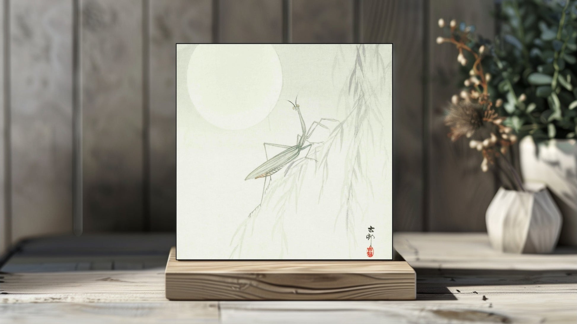 Ohara Koson's Ukiyo-e style 'Praying Mantis' Japanese art on a decorative ceramic tile (digital representation).