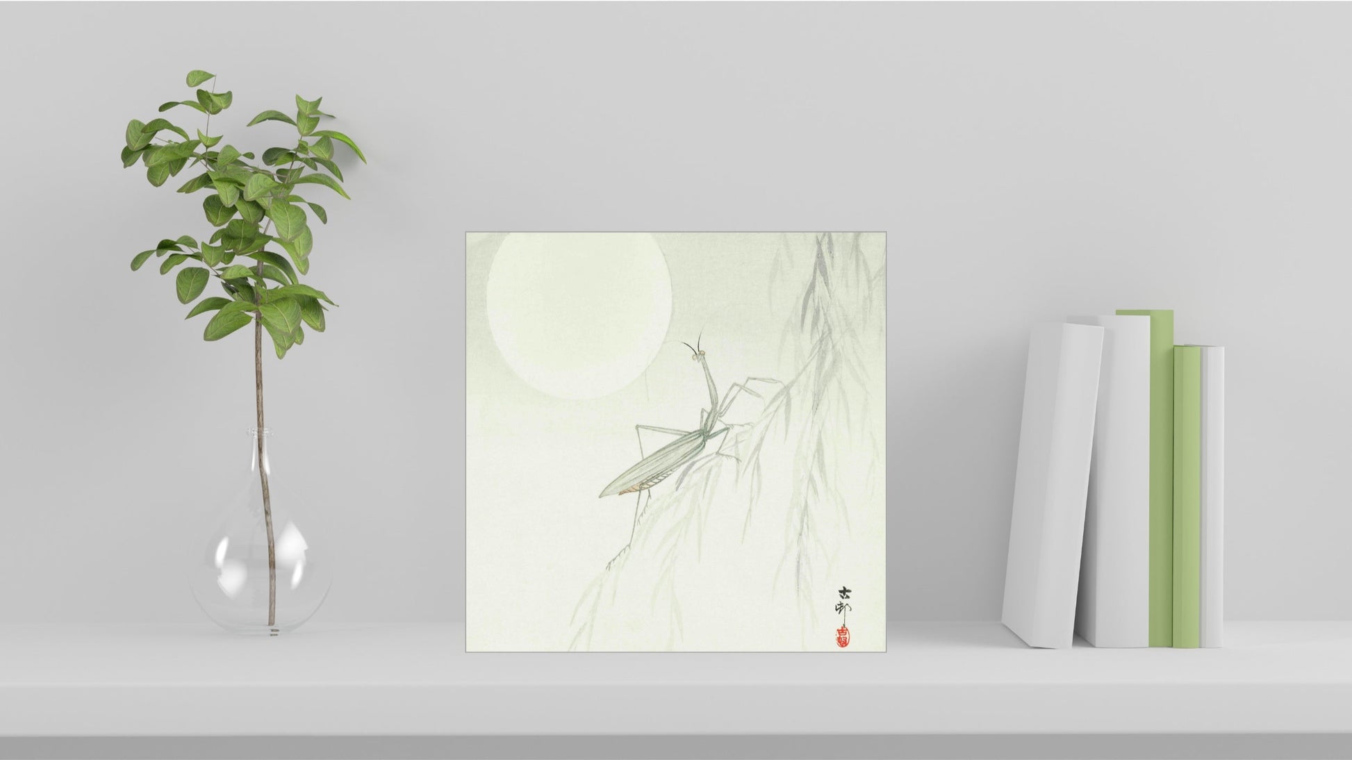 A visualisation of the Ohara Koson Japanese art tile, originally a woodblock print, featuring 'Praying Mantis' used as home decor.