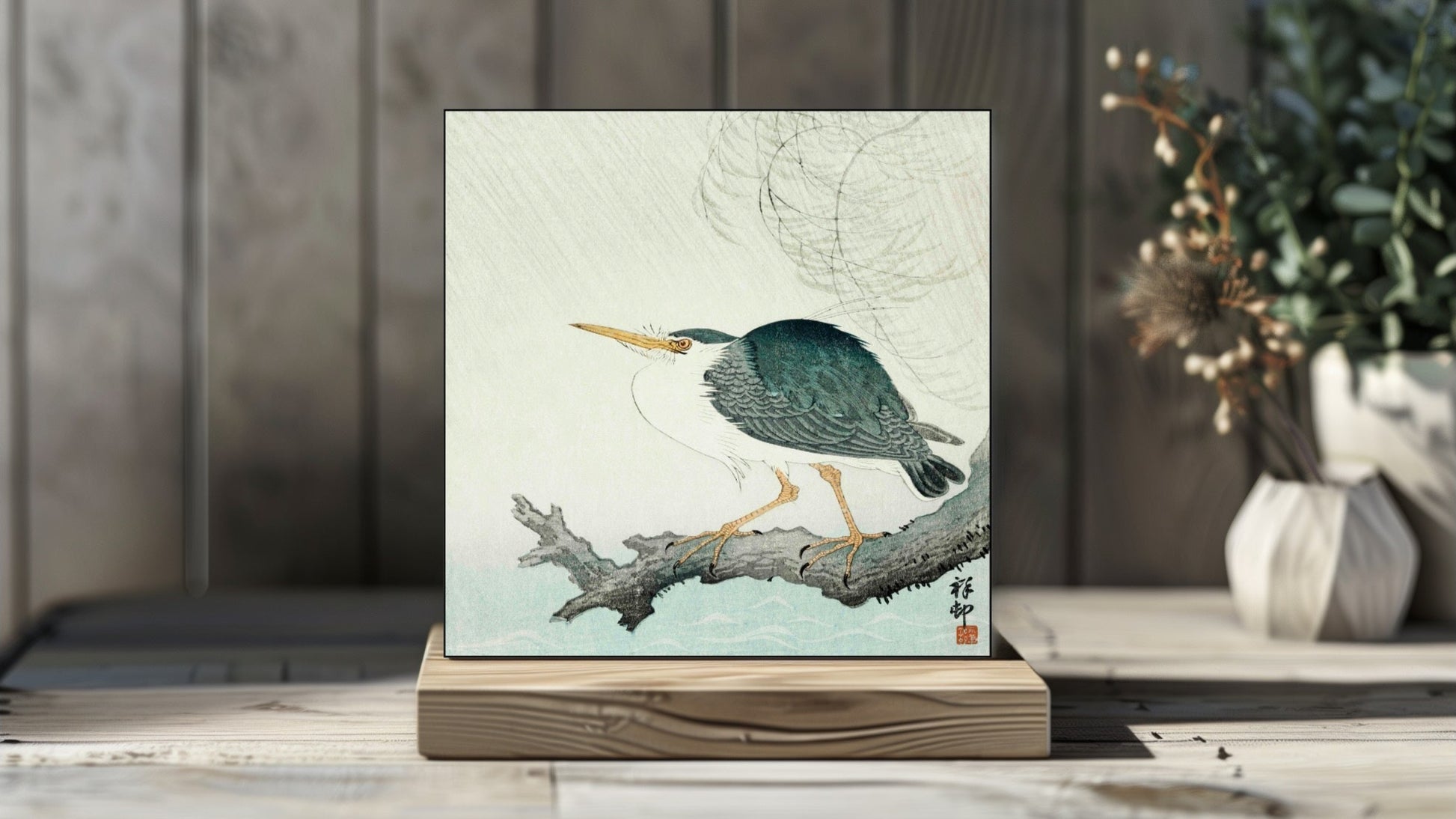 Ohara Koson's Ukiyo-e style 'Quack on Tree Stump' Japanese art on a decorative ceramic tile (digital representation).