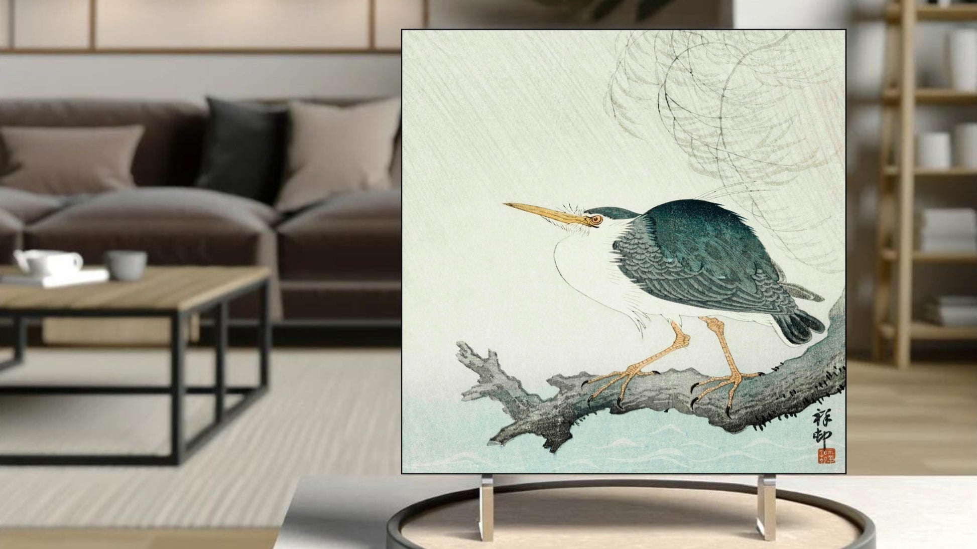The 'Quack on Tree Stump' Ukiyo-e art tile presented on a display stand as a piece of freestanding home decor.