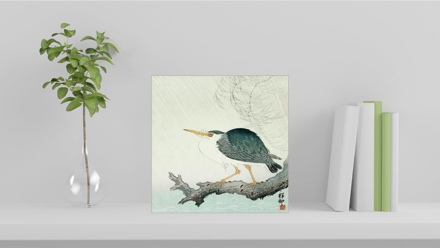 A visualisation of the Ohara Koson Japanese art tile, originally a woodblock print, featuring 'Quack on Tree Stump' used as home decor.