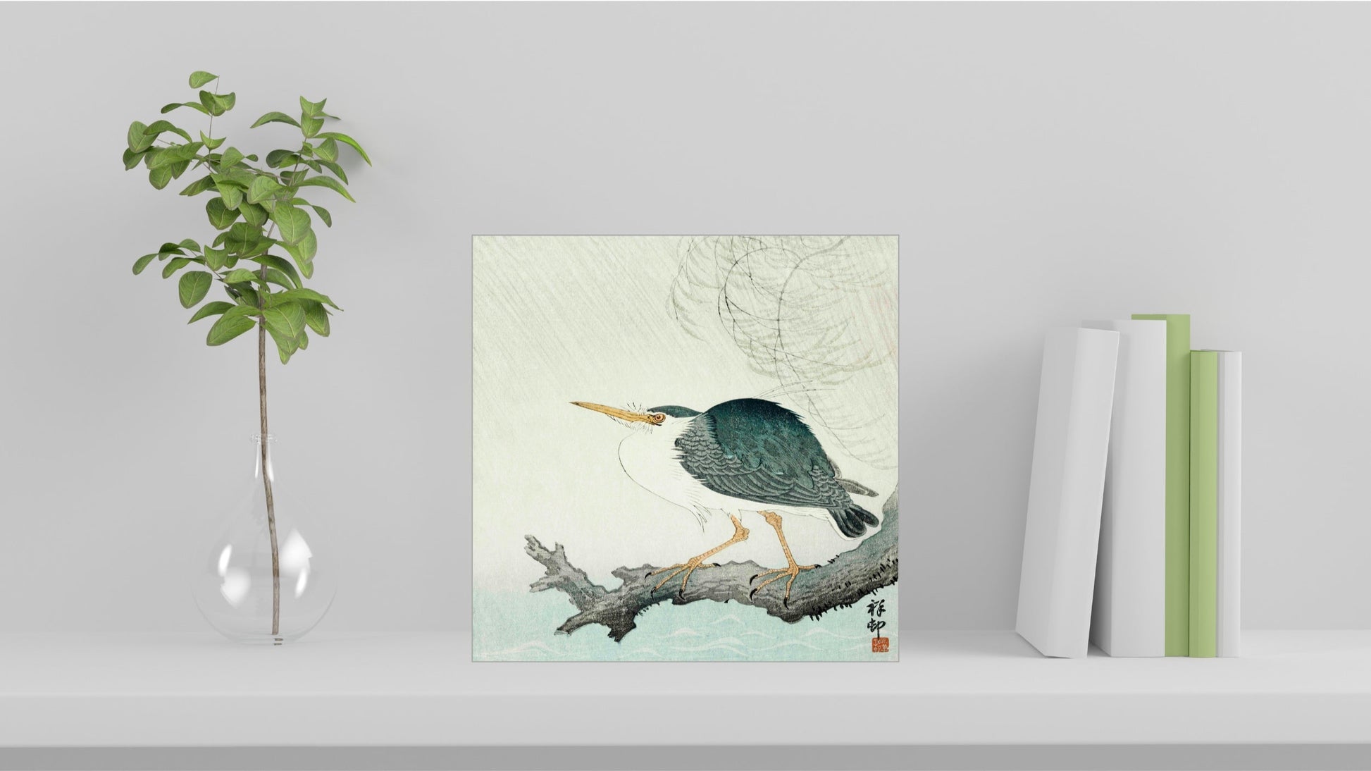 A visualisation of the Ohara Koson Japanese art tile, originally a woodblock print, featuring 'Quack on Tree Stump' used as home decor.