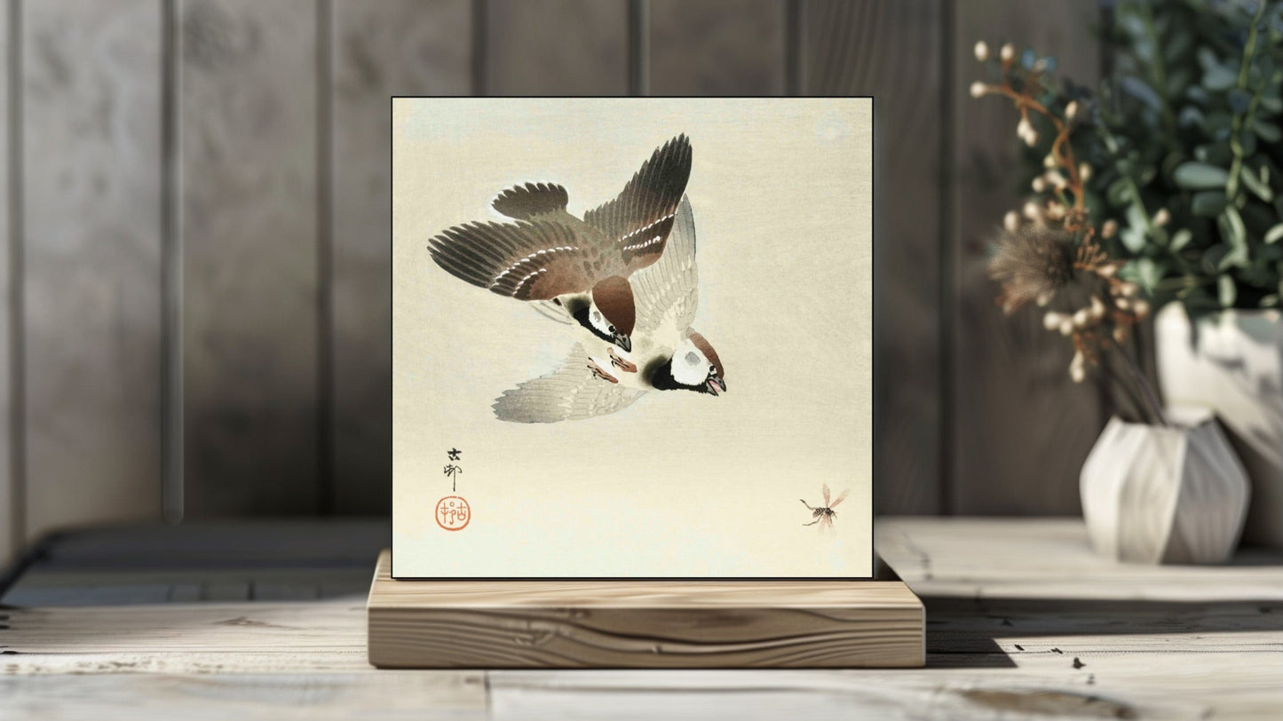 Ohara Koson's Ukiyo-e style 'Ring Sparrows and Insect' Japanese art on a decorative ceramic tile (digital representation).