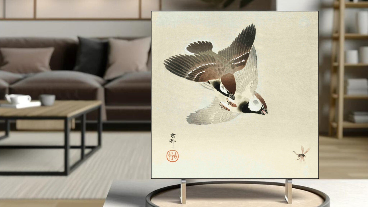 The 'Ring Sparrows and Insect' Ukiyo-e art tile presented on a display stand as a piece of freestanding home decor.