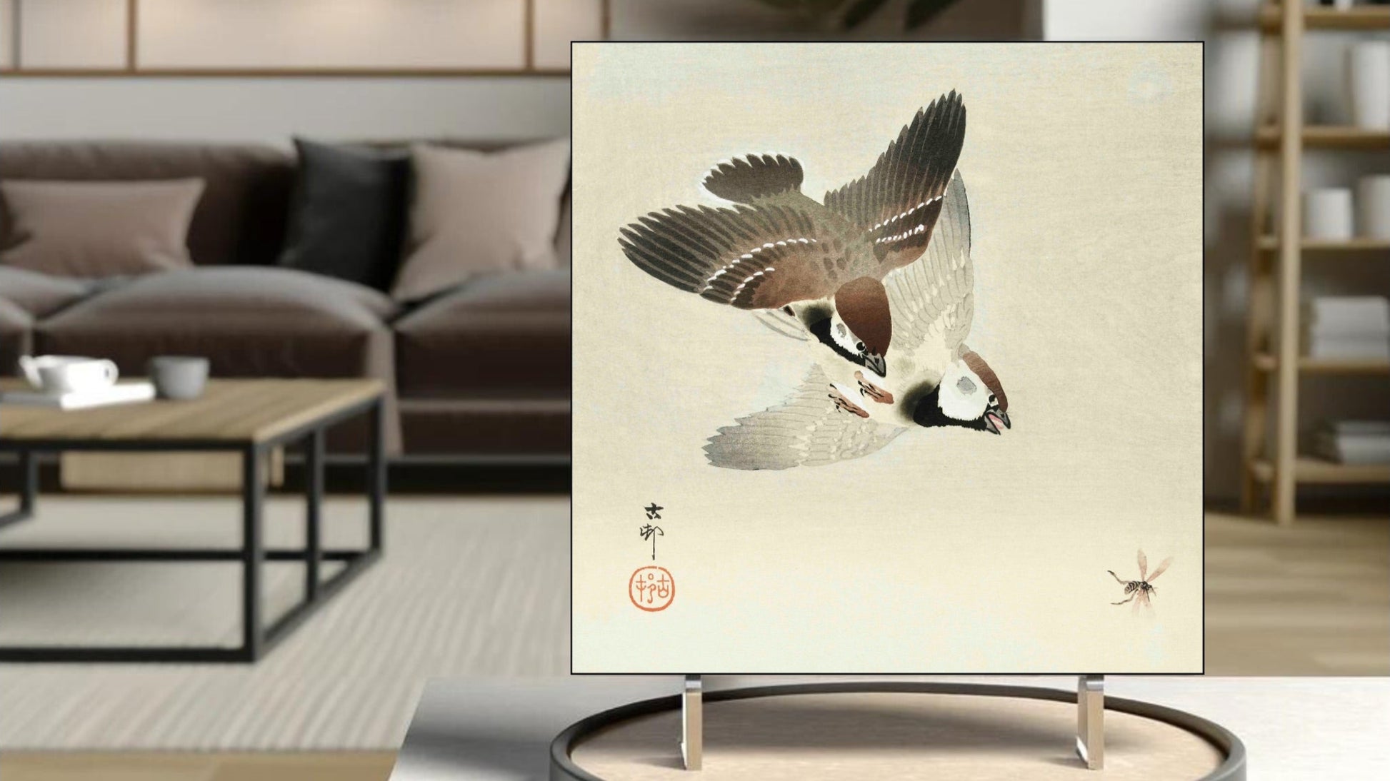 The 'Ring Sparrows and Insect' Ukiyo-e art tile presented on a display stand as a piece of freestanding home decor.
