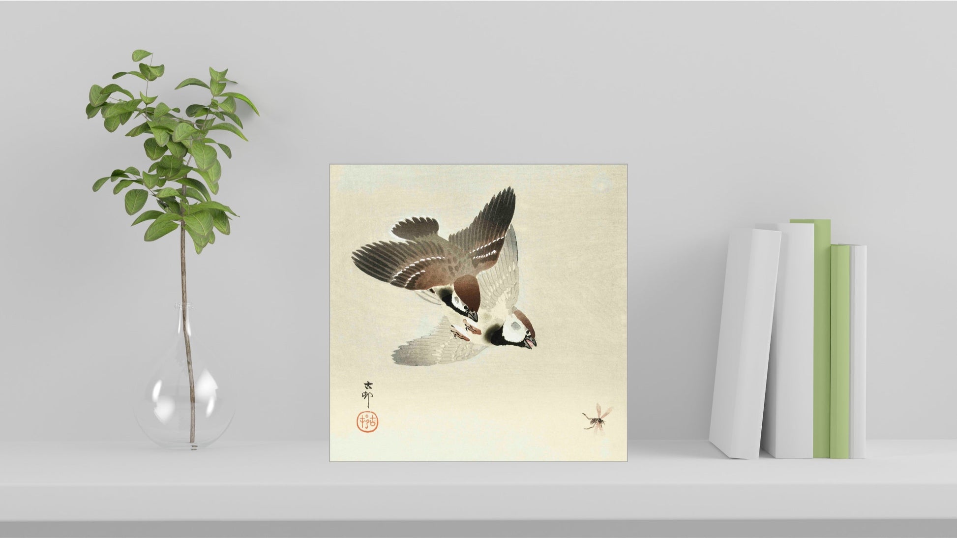 A visualisation of the Ohara Koson Japanese art tile, originally a woodblock print, featuring 'Ring Sparrows and Insect' used as home decor.