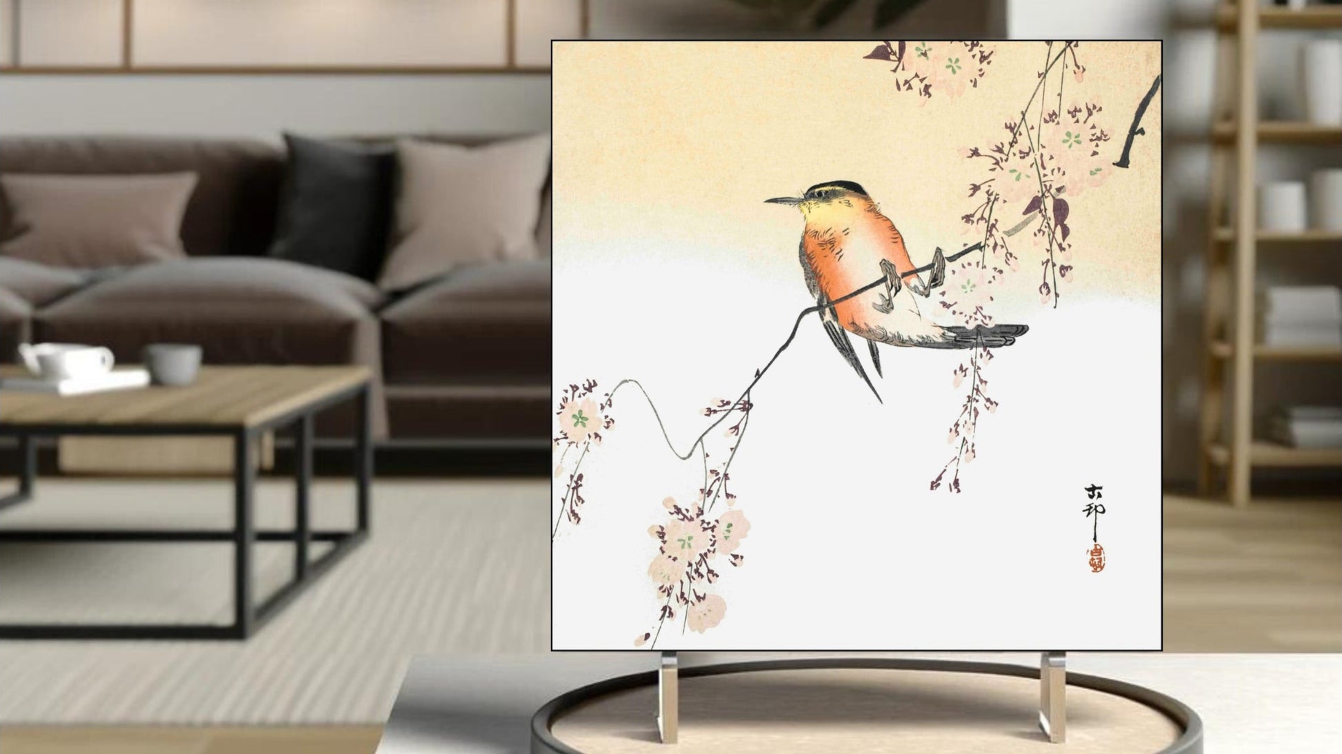 The 'Songbird and Blossoming Cherry' Ukiyo-e art tile presented on a display stand as a piece of freestanding home decor.