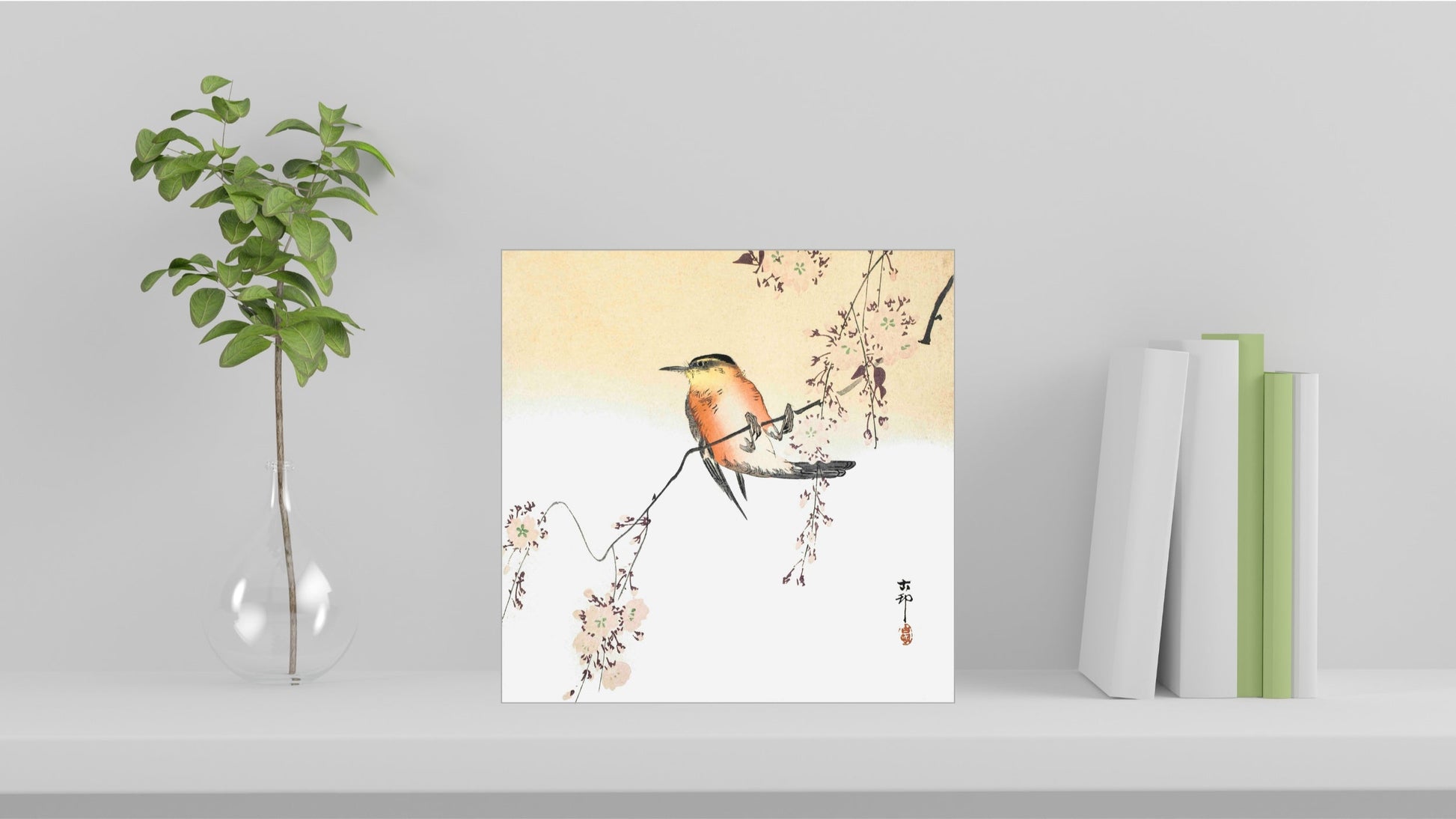 A visualisation of the Ohara Koson Japanese art tile, originally a woodblock print, featuring 'Songbird and Blossoming Cherry' used as home decor.