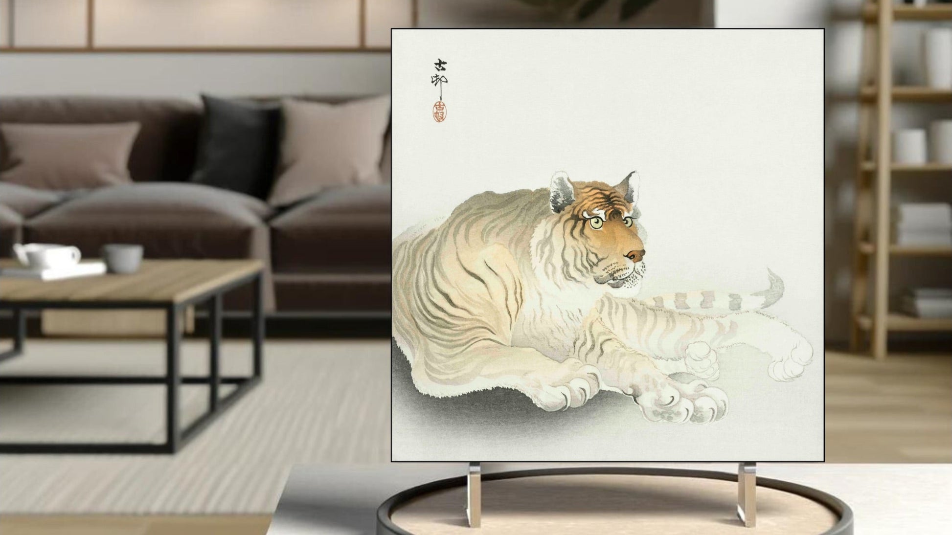 The 'Tiger' Ukiyo-e art tile presented on a display stand as a piece of freestanding home decor.