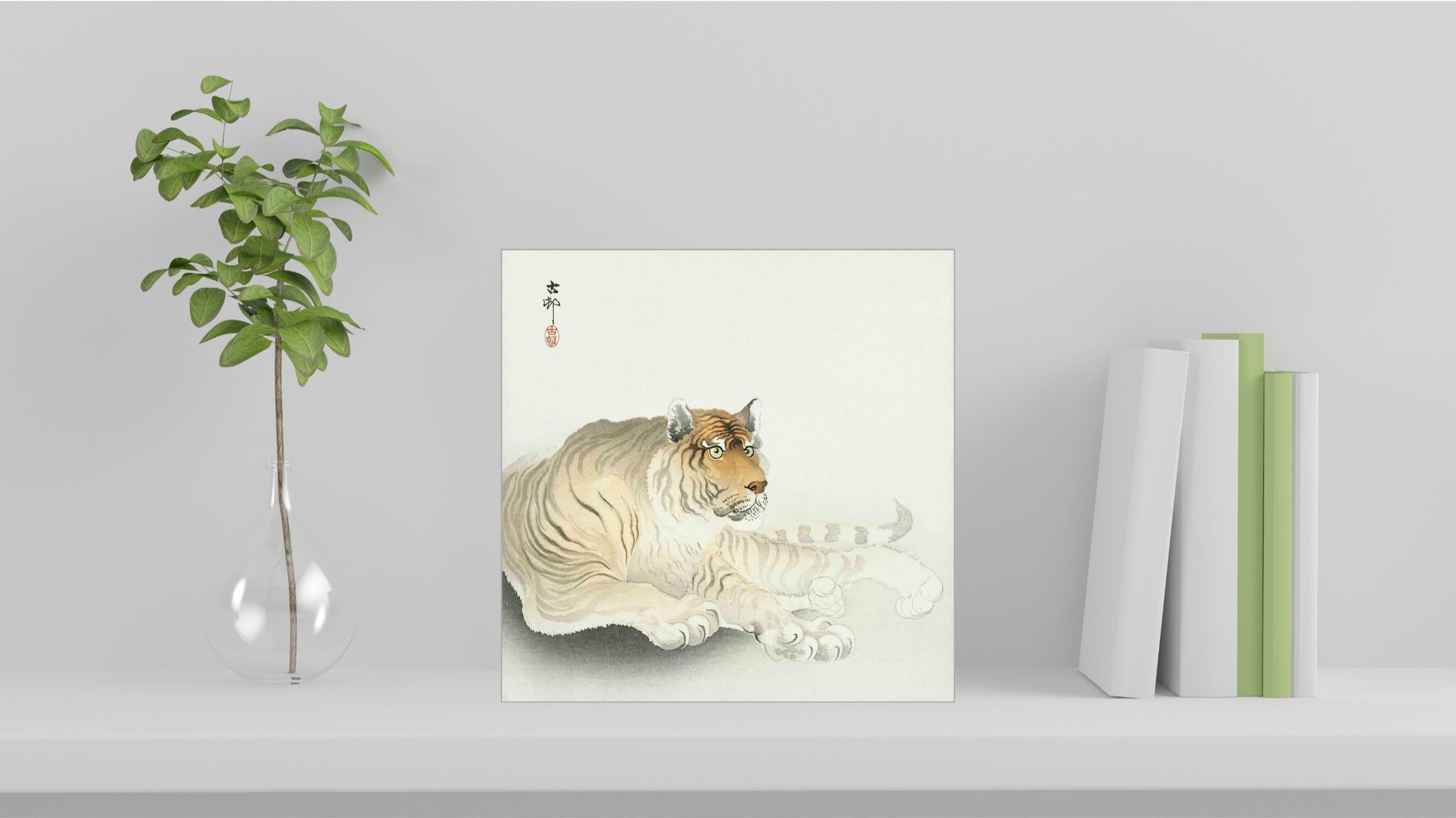 A visualisation of the Ohara Koson Japanese art tile, originally a woodblock print, featuring 'Tiger' used as home decor.