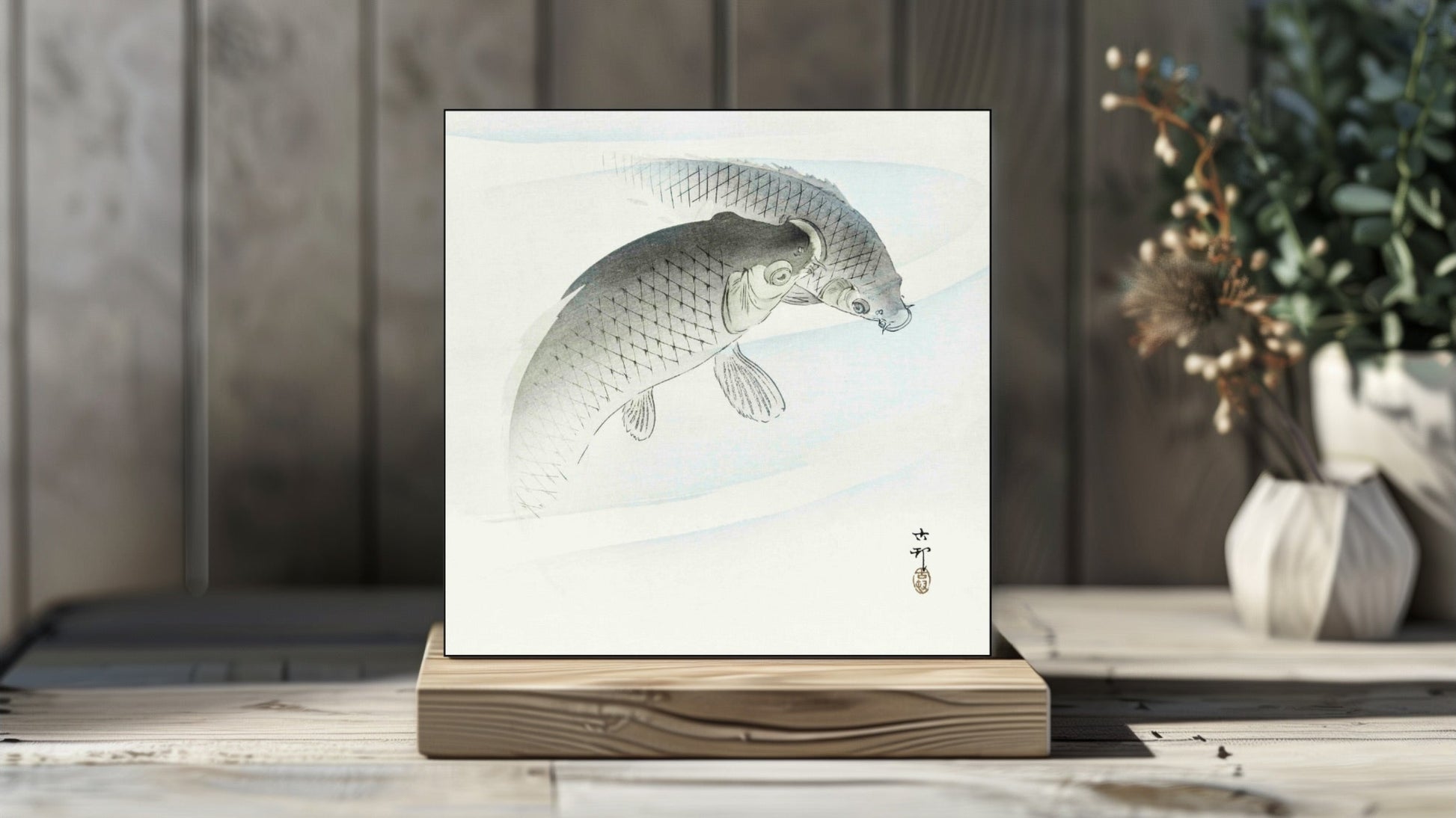 Ohara Koson's Ukiyo-e style 'Two Carp Fish' Japanese art on a decorative ceramic tile (digital representation).