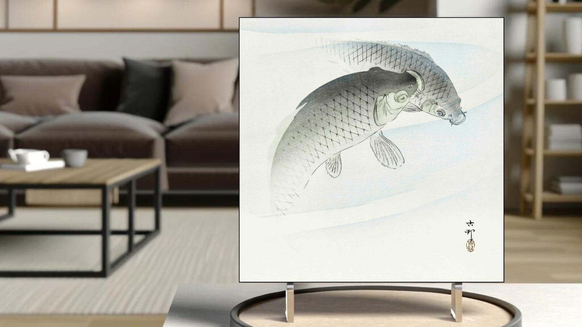 The 'Two Carp Fish' Ukiyo-e art tile presented on a display stand as a piece of freestanding home decor.