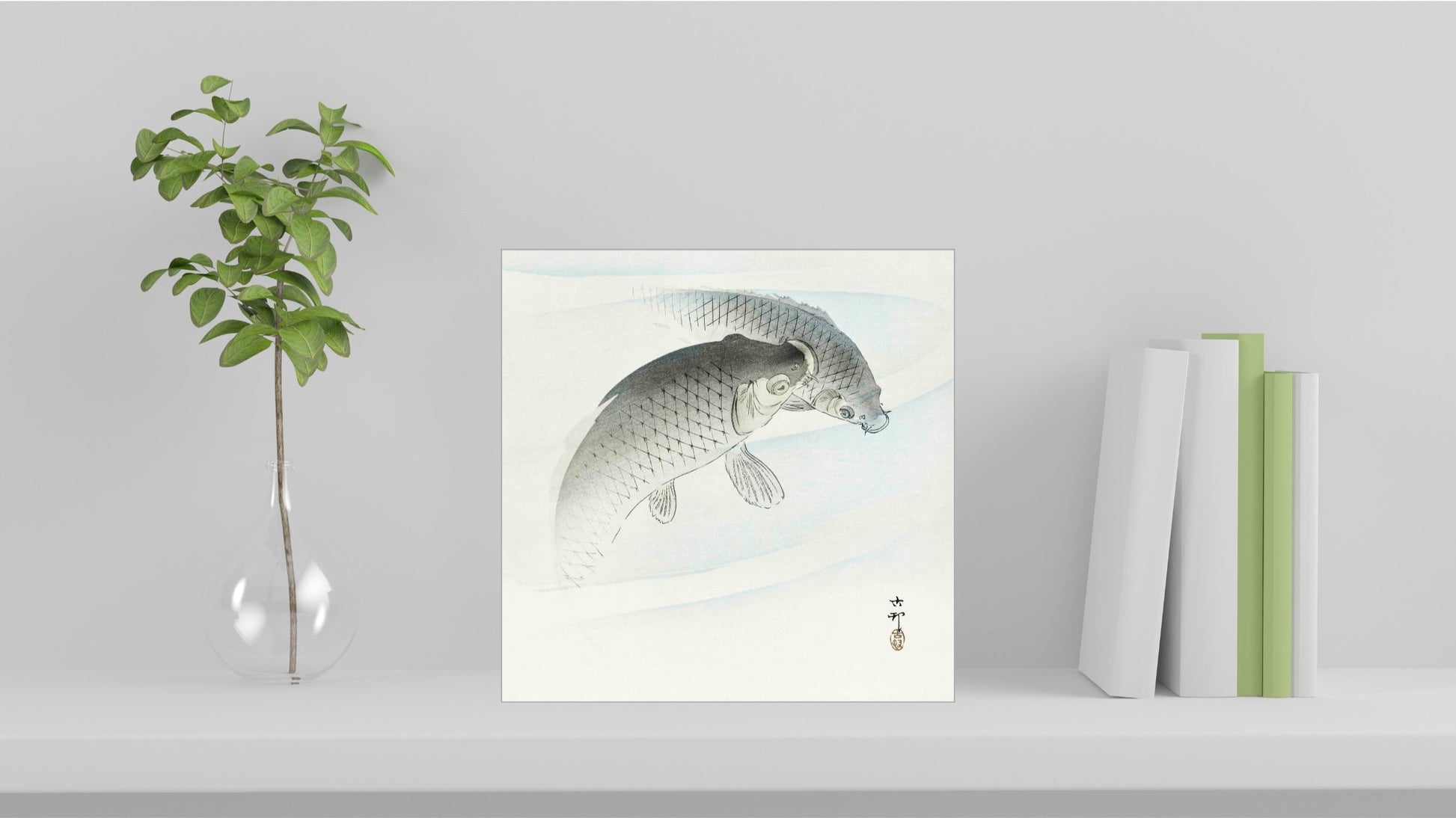 A visualisation of the Ohara Koson Japanese art tile, originally a woodblock print, featuring 'Two Carp Fish' used as home decor.