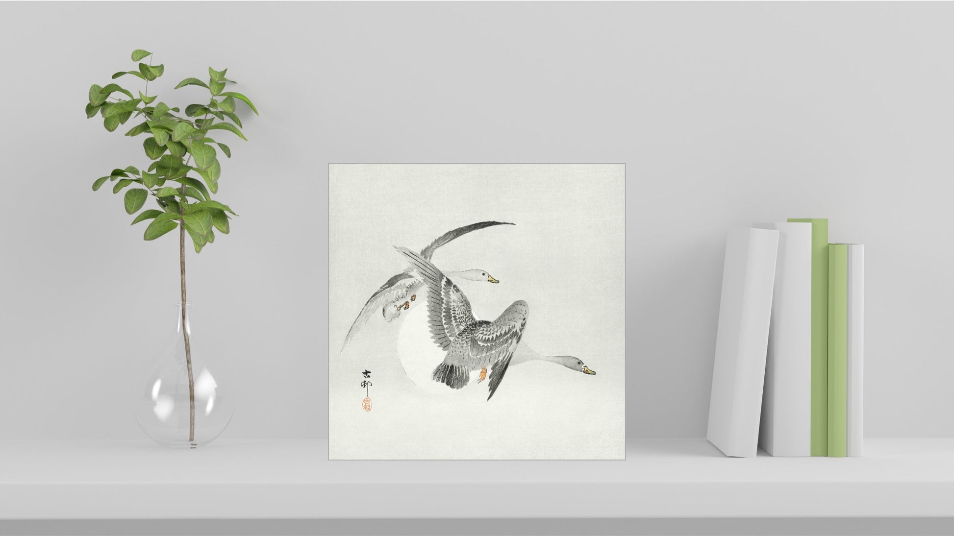 A visualisation of the Ohara Koson Japanese art tile, originally a woodblock print, featuring 'Two Colt Geese in Flight' used as home decor.