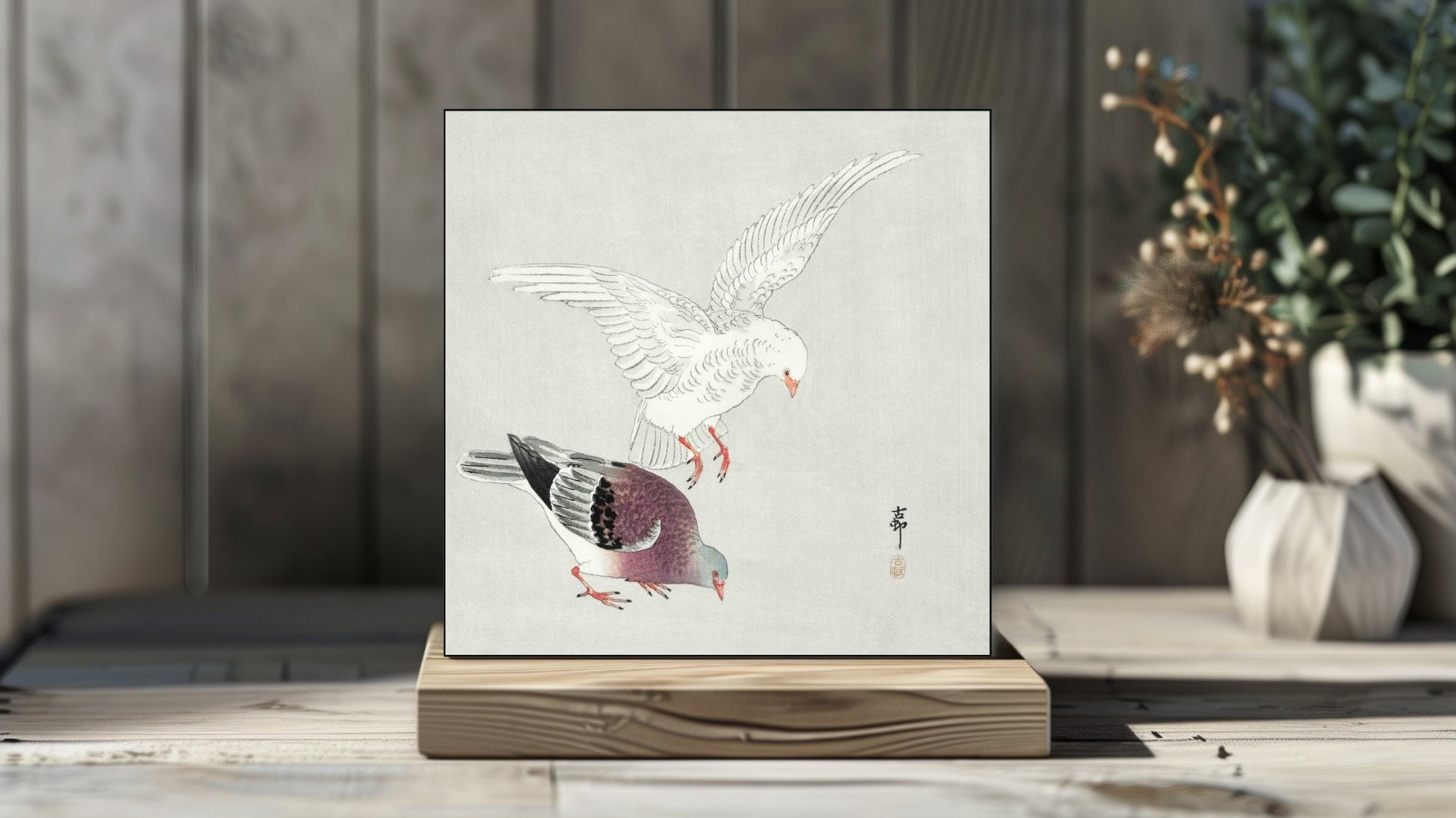 Ohara Koson's Ukiyo-e style 'Two Pigeons' Japanese art on a decorative ceramic tile (digital representation).