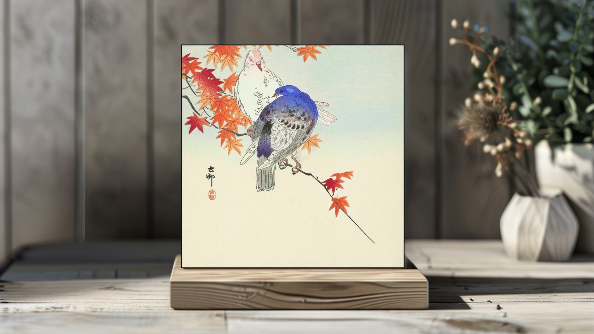 Ohara Koson's Ukiyo-e style 'Two Pigeons on Autumn Branch' Japanese art on a decorative ceramic tile (digital representation).