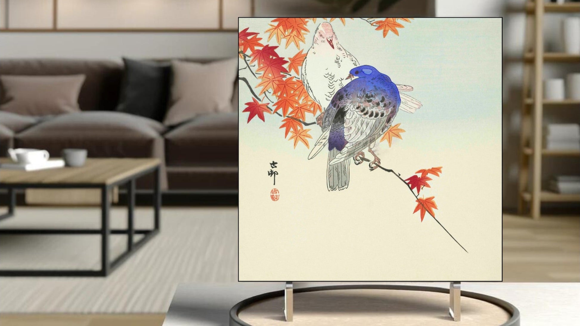 The 'Two Pigeons on Autumn Branch' Ukiyo-e art tile presented on a display stand as a piece of freestanding home decor.