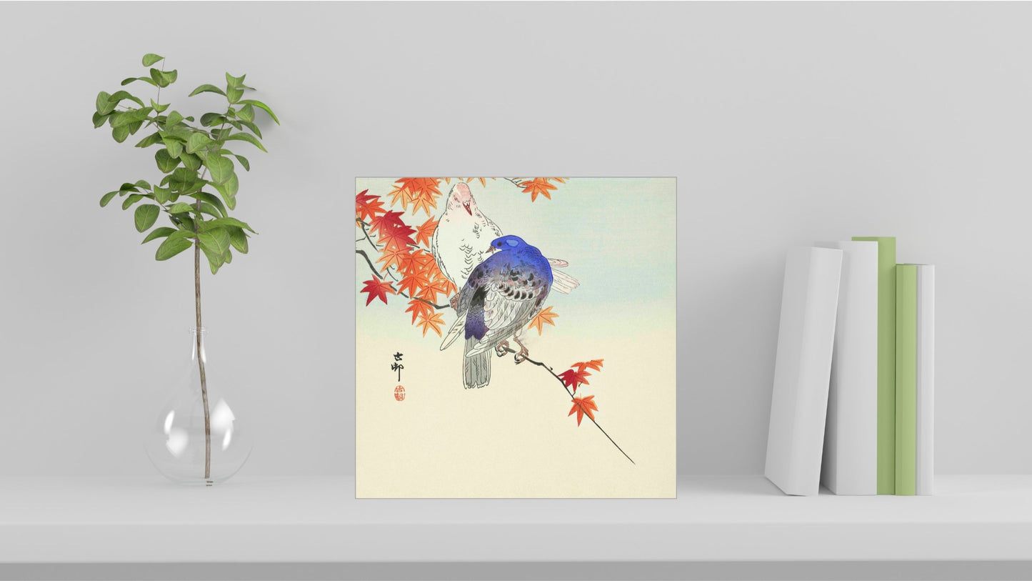 A visualisation of the Ohara Koson Japanese art tile, originally a woodblock print, featuring 'Two Pigeons on Autumn Branch' used as home decor.