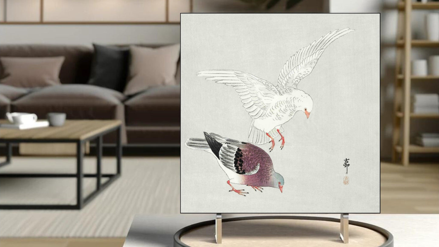 The 'Two Pigeons' Ukiyo-e art tile presented on a display stand as a piece of freestanding home decor.