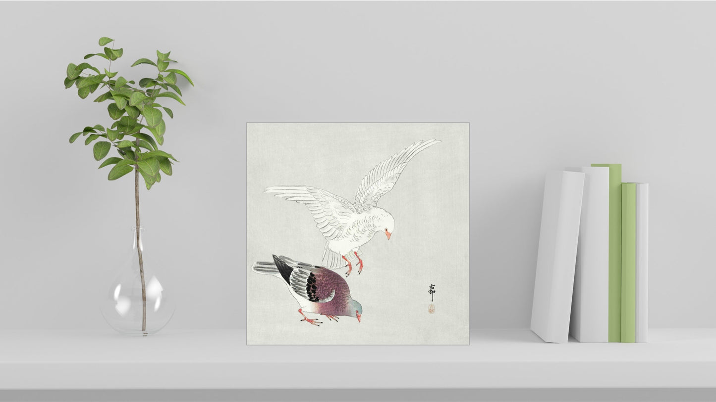 A visualisation of the Ohara Koson Japanese art tile, originally a woodblock print, featuring 'Two Pigeons' used as home decor.