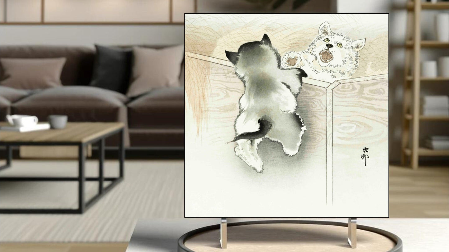 The 'Two Playing Dogs' Ukiyo-e art tile presented on a display stand as a piece of freestanding home decor.